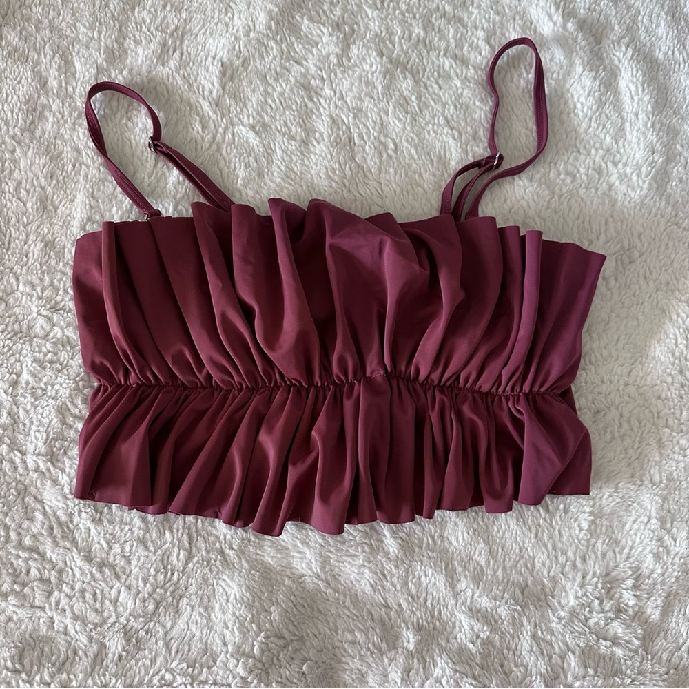 Kortni Jeane Wine Colored Oversized Ruffle OSR swim top